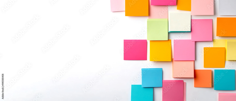 A colorful arrangement of sticky notes on a white background, ideal for brainstorming, organization, and creative ideas. A colorful arrangement of sticky notes on a white background, ideal for brainstorming, organization, and creative ideas.