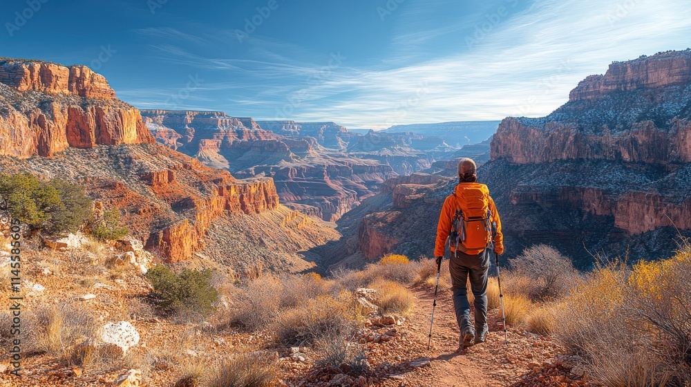 Hiker exploring a stunning canyon landscape. Hiker exploring a stunning canyon landscape.