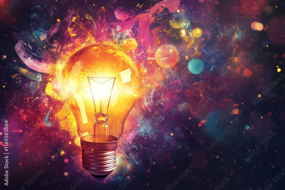 A close-up of a bright light bulb shining brightly, with abstract symbols and creative elements radiating from it, representing the power of a good idea and inspiration. A close-up of a bright light bulb shining brightly, with abstract symbols and creative elements radiating from it, representing the power of a good idea and inspiration.
