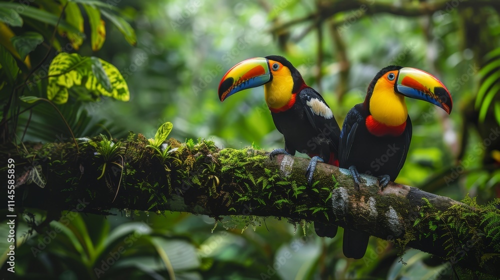 Fototapeta premium Two toucans perched on a branch in a lush rainforest, with vibrant green foliage in the background.
