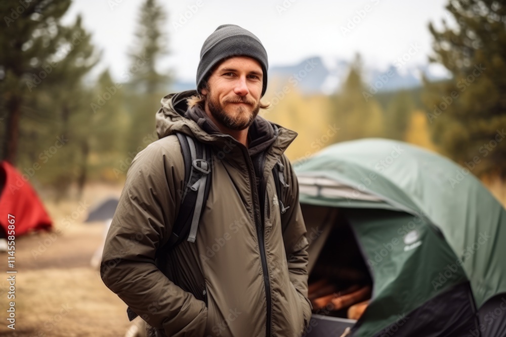 Handsome man standing near tent in forest, looking at camera Handsome man standing near tent in forest, looking at camera