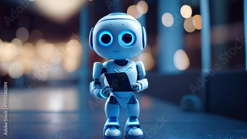 Wallpaper Mural Adorable blue robot with a friendly smile holding a modern digital tablet. Space for text. Torontodigital.ca