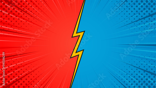 Red and blue heroes comic cartoon background. Abstract pop art comic sunburst effect with halftones. Suitable for thumbnails, templates, banners, events, ads, web, and pages