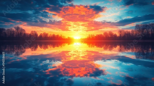 Vibrant sunset reflected in calm lake water.