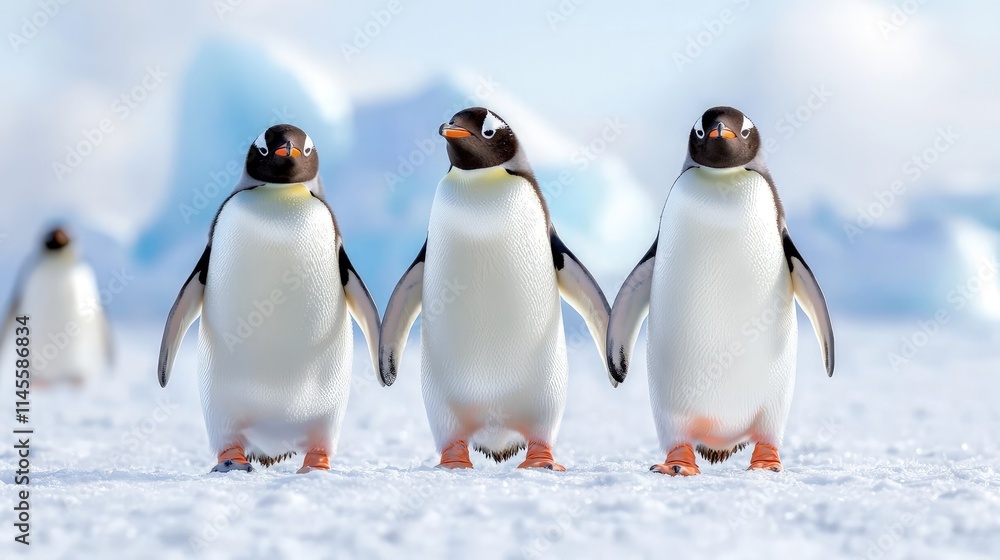 Obraz premium Three gentoo penguins holding flippers while walking together across a snowy arctic landscape with icebergs in the background.