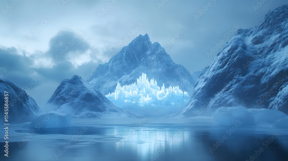 Fototapeta premium Glacial ice formation arctic landscape digital art frozen environment wide-angle view serenity and isolation