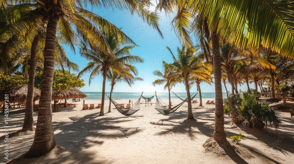 Serene Tropical Beach with Hammocks and Palm Trees under Blue Sky Serene Tropical Beach with Hammocks and Palm Trees under Blue Sky