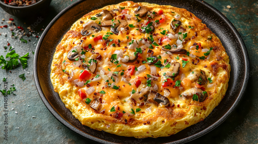 Fluffy omelette on a plate with mushrooms, cheese and vegetables Fluffy omelette on a plate with mushrooms, cheese and vegetables