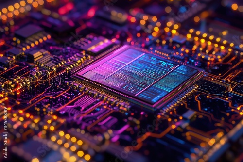 A close-up of a computer chip being carefully packaged in a high-tech semiconductor packaging machine, with a focus on the intricate details of the process.