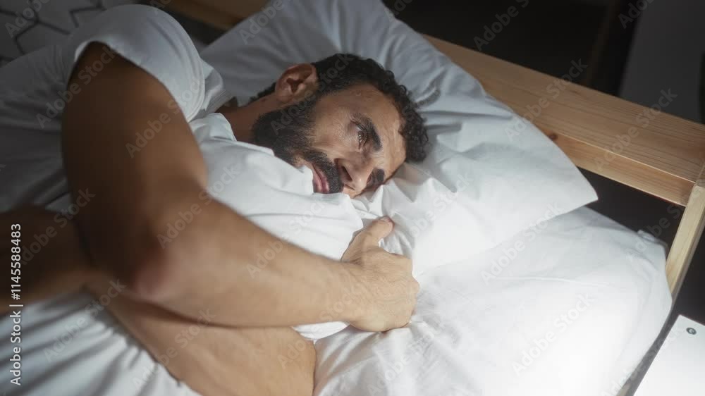 Young man with beard lying in bed holding a pillow in a bedroom Young man with beard lying in bed holding a pillow in a bedroom
