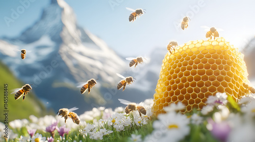 A photorealistic scene of bees flying around an open honeycomb, capturing the natural beauty and activity of bees in their habitat, perfect for nature lovers, environmental awareness, and wildlife pho photo