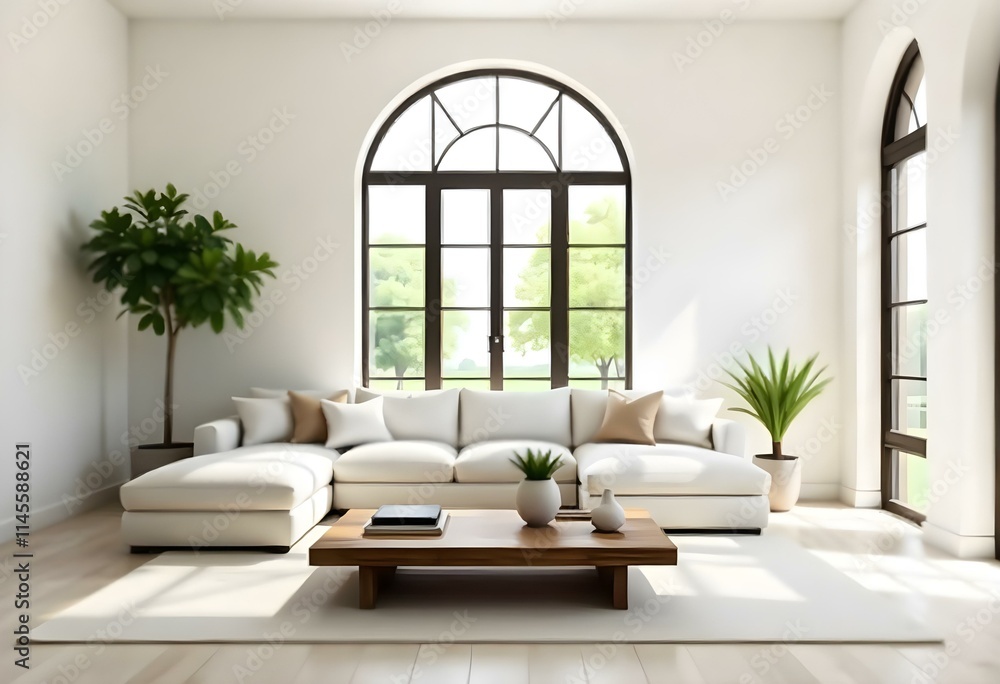 A modern, minimalist living room with a large arched window , white sofas , and a wooden coffee table . The room has a clean, airy feel with natural light streaming in. A modern, minimalist living room with a large arched window , white sofas , and a wooden coffee table . The room has a clean, airy feel with natural light streaming in.