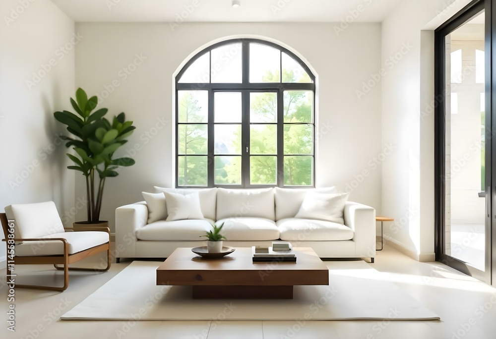 A modern, minimalist living room with a large arched window , white sofas , and a wooden coffee table . The room has a clean, airy feel with natural light streaming in. A modern, minimalist living room with a large arched window , white sofas , and a wooden coffee table . The room has a clean, airy feel with natural light streaming in.