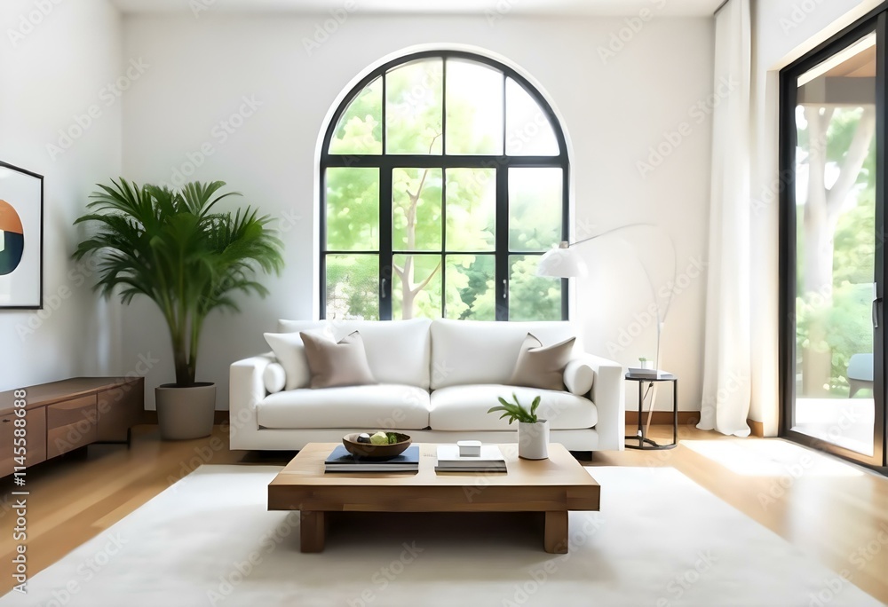 A modern, minimalist living room with a large arched window , white sofas , and a wooden coffee table . The room has a clean, airy feel with natural light streaming in. A modern, minimalist living room with a large arched window , white sofas , and a wooden coffee table . The room has a clean, airy feel with natural light streaming in.