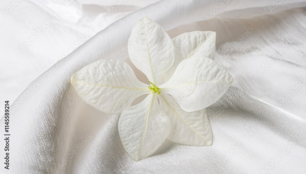 White Bouvardia Flower on a Draped Soft White Silk Fabric White Bouvardia Flower on a Draped Soft White Silk Fabric