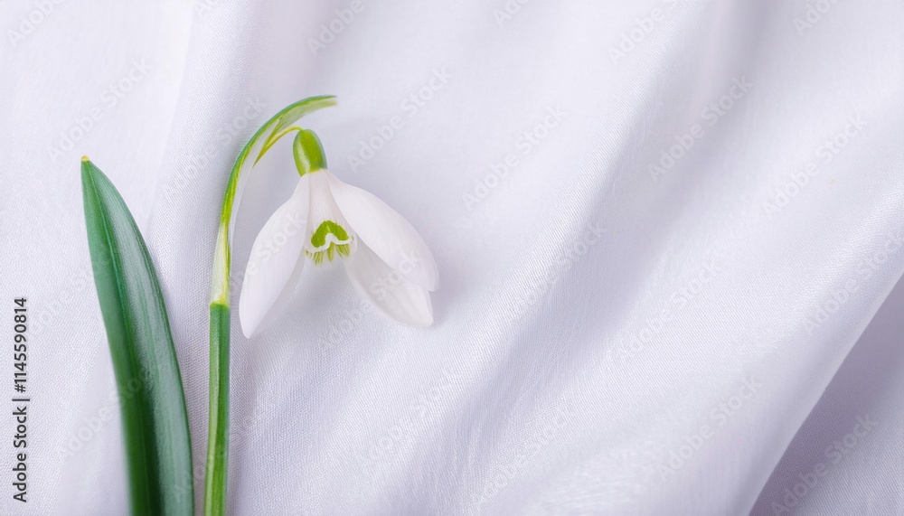 Fototapeta premium White Snowdrop Flower on a Draped Soft White Silk Fabric