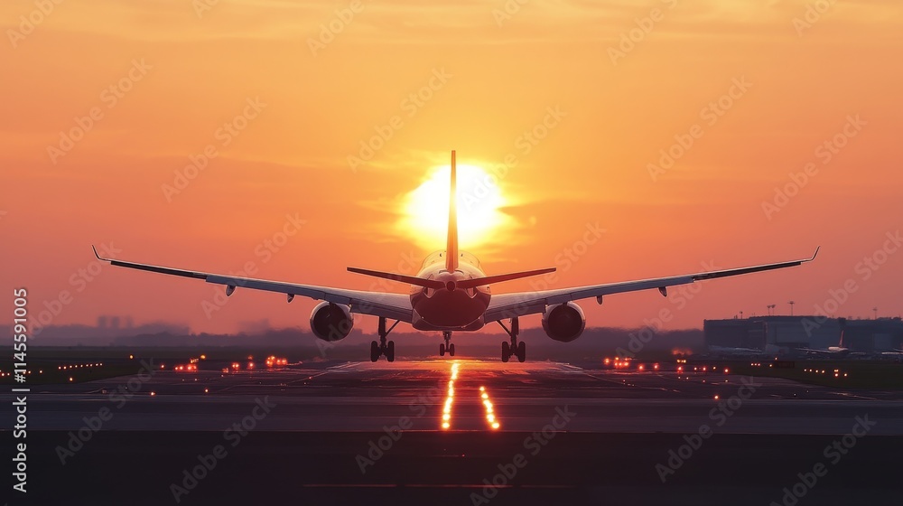 Jet plane landing at an airport at dusk
Jet plane landing at an airport at dusk