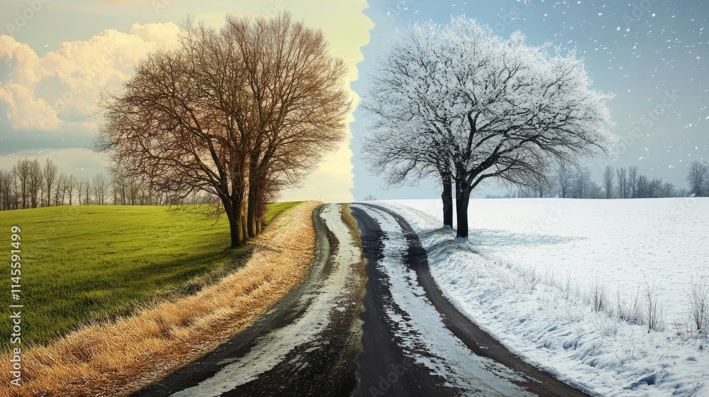 A Stunning Contrast of Seasons: Winter Meets Spring on a Winding Country Road A Stunning Contrast of Seasons: Winter Meets Spring on a Winding Country Road