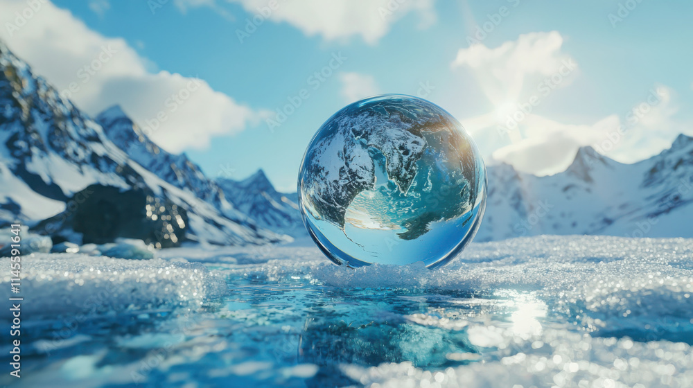 Environmental action in arctic landscape with glass earth globe symbolizing climate change snowy mountains high angle view Environmental action in arctic landscape with glass earth globe symbolizing climate change snowy mountains high angle view