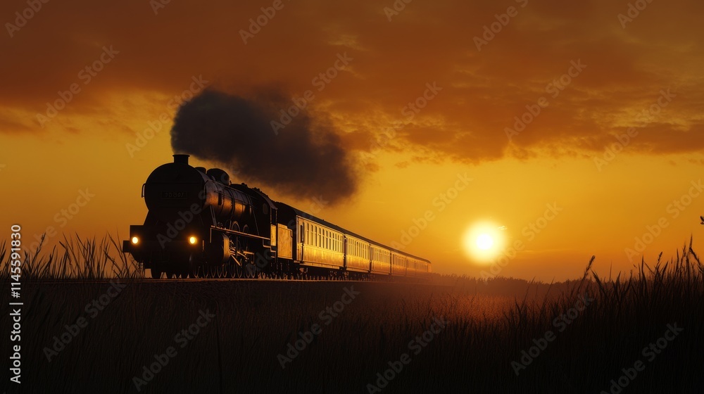 Obraz premium A train approaches closely silhouetted by amber sunset