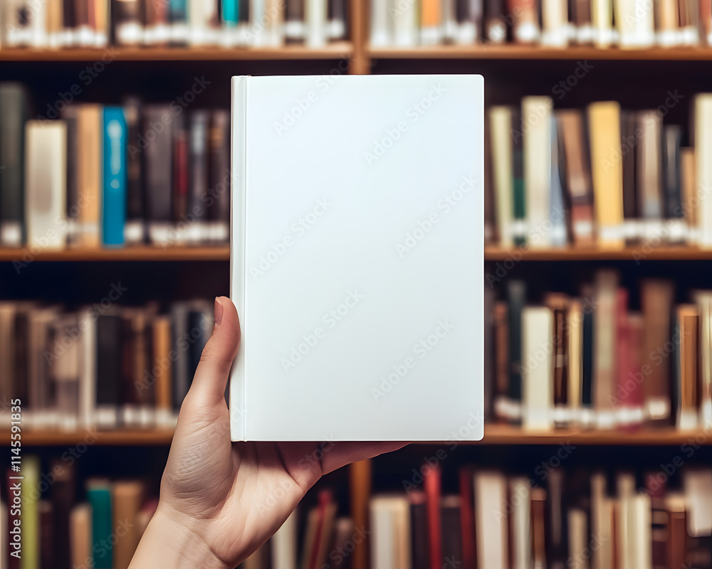 Blank Book Cover Held Before Library Bookshelves Blank Book Cover Held Before Library Bookshelves