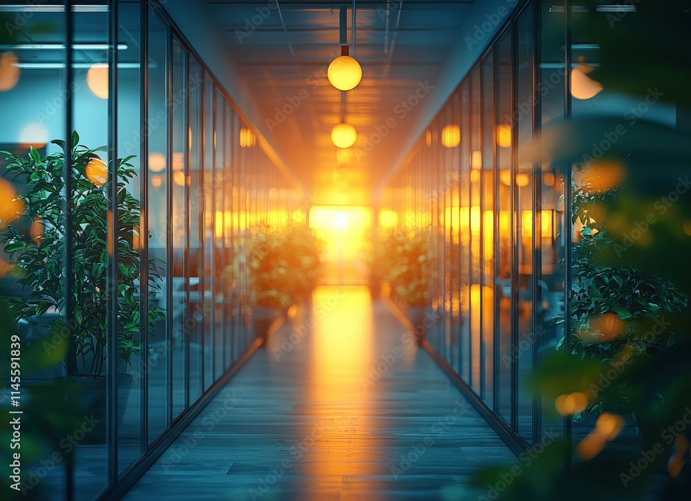 Serene sunset illuminating a modern glass office hallway, plants adding a touch of nature. Perfect for corporate, calm, and success themes. Serene sunset illuminating a modern glass office hallway, plants adding a touch of nature. Perfect for corporate, calm, and success themes.