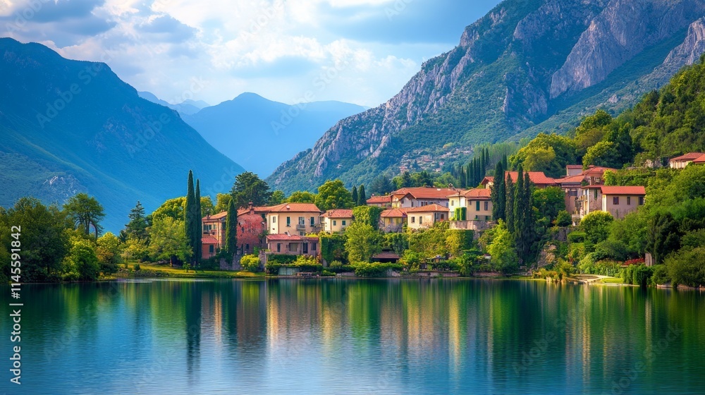 Fototapeta premium Quaint Village with Red Roofed Houses by a Serene Mountain Lake