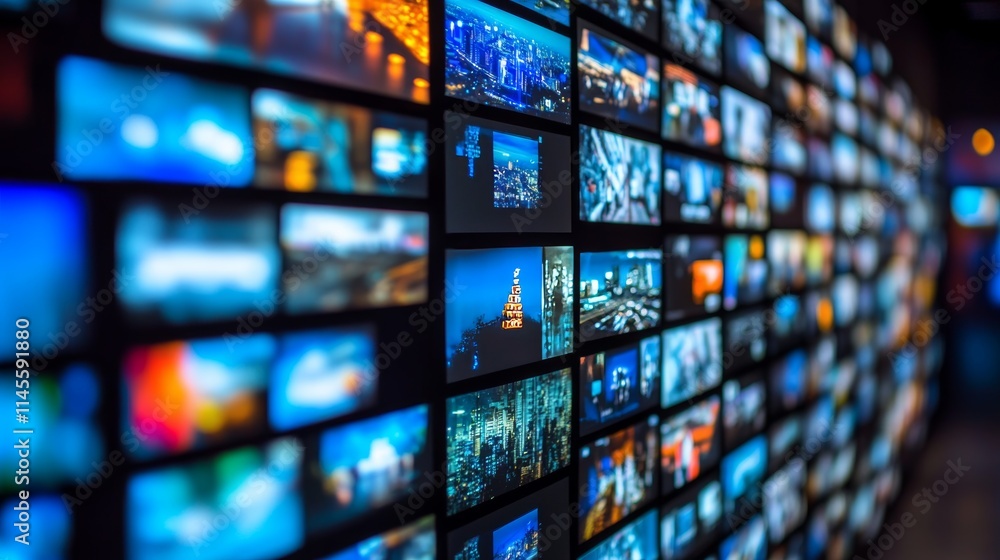 Multimedia video wall television broadcast. Multiple television screens Multimedia video wall television broadcast. Multiple television screens