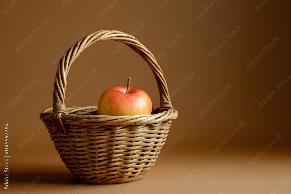 A basket with a single apple in it. The basket is brown and woven. The apple is red and shiny A basket with a single apple in it. The basket is brown and woven. The apple is red and shiny