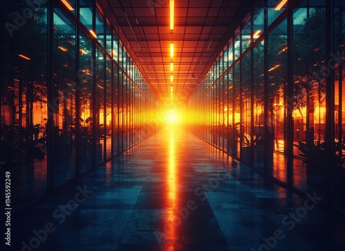 Wallpaper Mural Sunlit modern glass corridor, bright sunset, architecture, interior design, reflections, plants, pathway. Torontodigital.ca