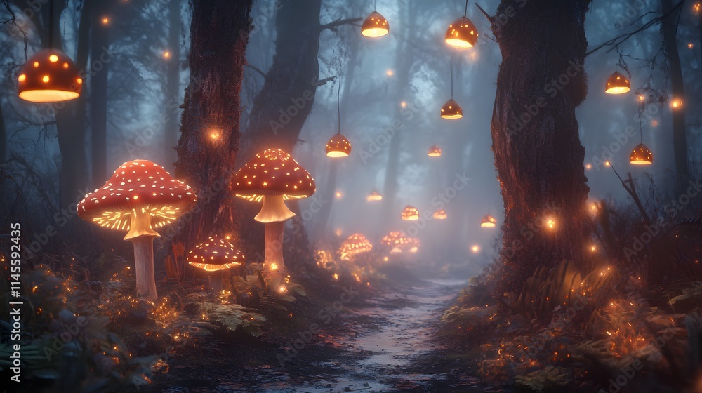 Enchanting glowing mushrooms illuminate misty forest pathway nature scene fantasy environment nighttime viewpoint Enchanting glowing mushrooms illuminate misty forest pathway nature scene fantasy environment nighttime viewpoint