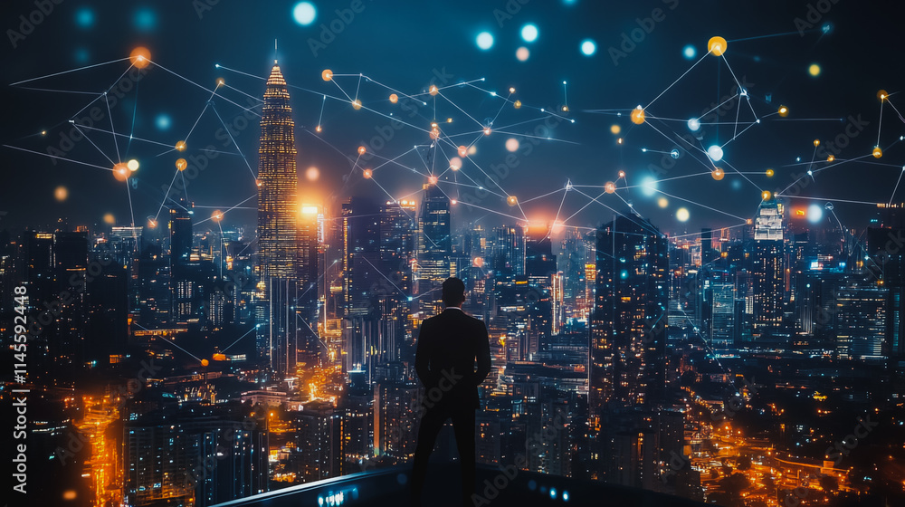 Fototapeta premium Smart digital city with connection cyber security network reciprocity over the cityscape . future smart wireless digital city and social media networking systems that connects people within the city