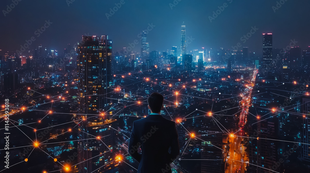 Smart digital city with connection cyber security network reciprocity over the cityscape . future smart wireless digital city and social media networking systems that connects people within the city Smart digital city with connection cyber security network reciprocity over the cityscape . future smart wireless digital city and social media networking systems that connects people within the city