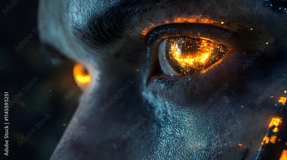 Futuristic cybernetic eye glowing in dark environment close-up perspective digital art concept Futuristic cybernetic eye glowing in dark environment close-up perspective digital art concept