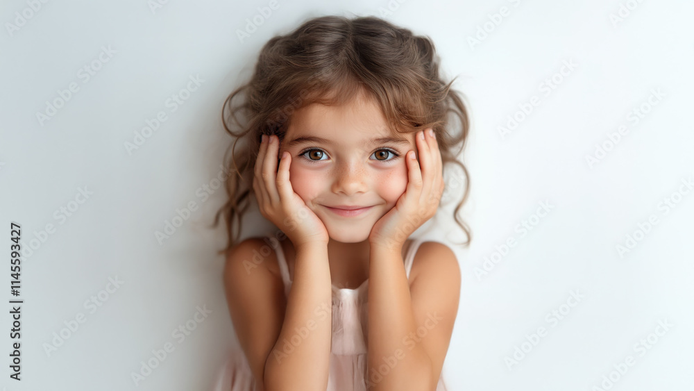 A cute, adorable little girl with curly brown hair resting her chin in her hands. She is smiling and looking directly at the camera. Neutral white background. Beautiful brown eyes. A cute, adorable little girl with curly brown hair resting her chin in her hands. She is smiling and looking directly at the camera. Neutral white background. Beautiful brown eyes.