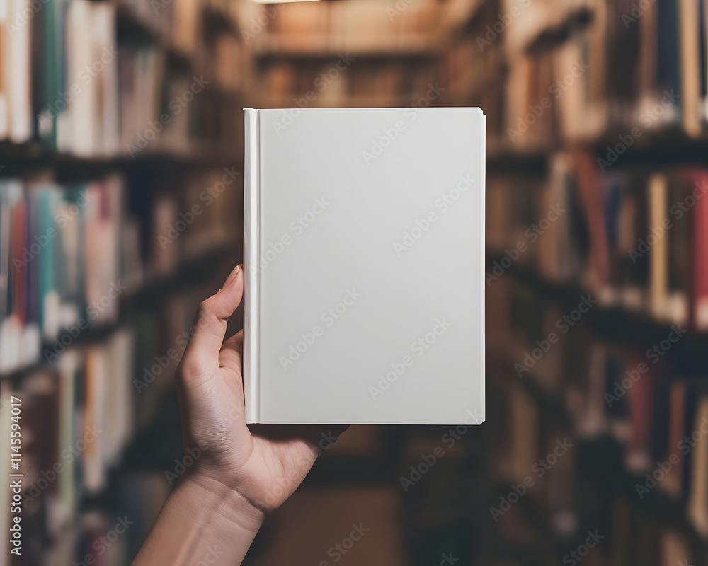 Blank Book Cover Held in Hand Against Bookshelf Background Blank Book Cover Held in Hand Against Bookshelf Background