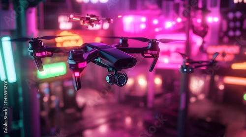 Drones capturing vibrant city life at night urban environment futuristic content aerial view technology concept