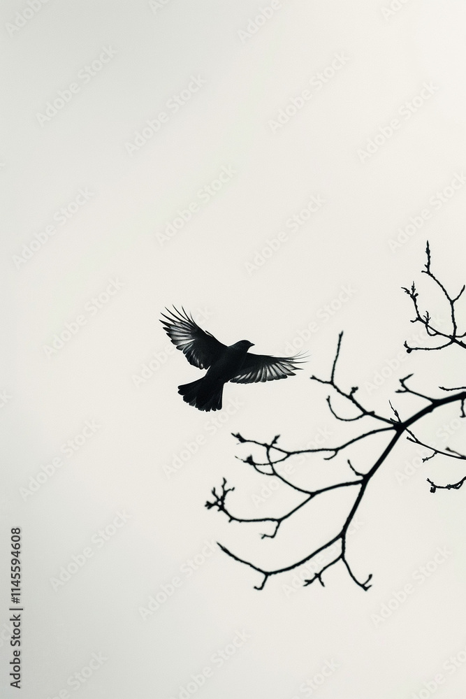Fototapeta premium Silhouette of a Bird in Flight with Tree Branches