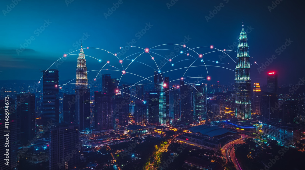 Obraz premium Smart digital city with connection cyber security network reciprocity over the cityscape . future smart wireless digital city and social media networking systems that connects people within the city