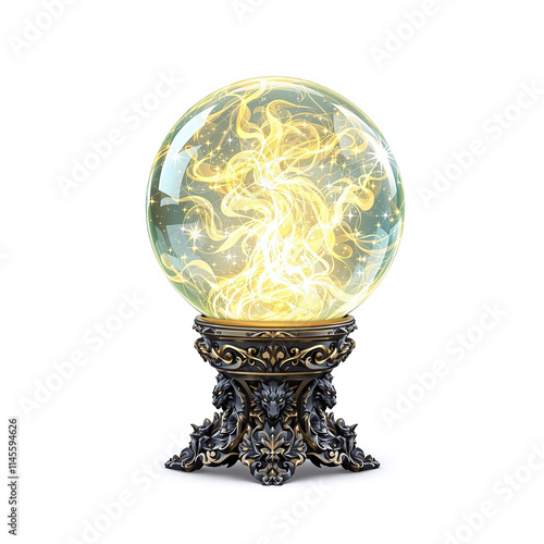 Mystical crystal ball on carved stand, glowing fantasy object, isolated white background, stock photo
