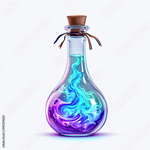 Curvy potion bottle with glowing hues, tied with ribbon, isolated fantasy object, stock image
