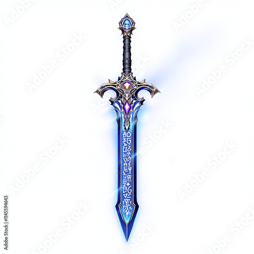 Mystical sword with gemstone hilt and light-etched blade, fantasy design on white background, stock photo