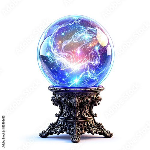 Glowing crystal ball with swirling mist and sparkles, isolated on white background, fantasy theme, stock image