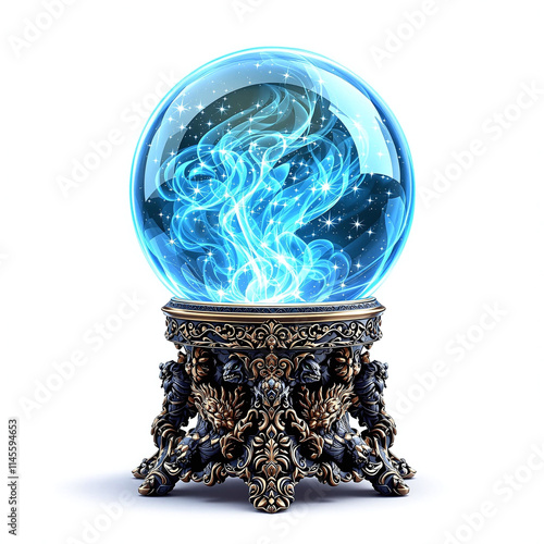 Crystal ball with magical mist and intricate stand, fantasy-themed design isolated on white, stock image