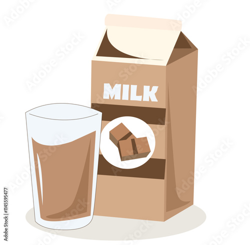 Tall glass of chocolate milk and milk carton box