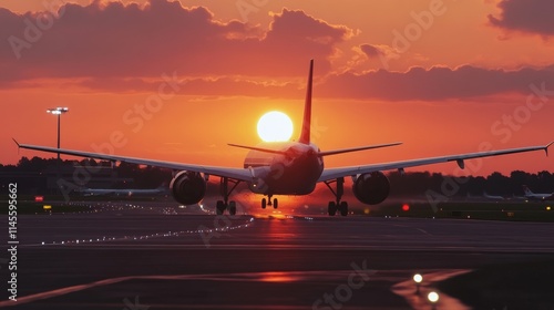 Jet plane landing at an airport at dusk
 photo