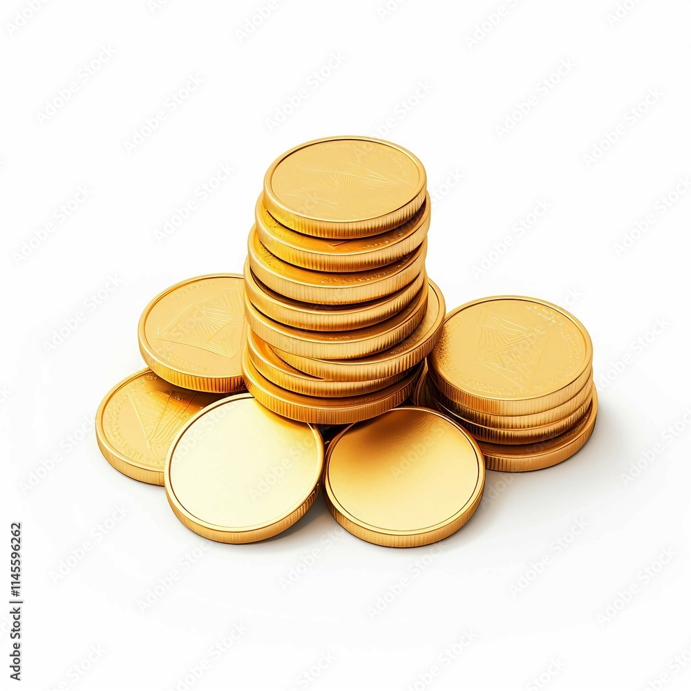 Pile of Gold Coins, Isolated on white background, flat lay Pile of Gold Coins, Isolated on white background, flat lay