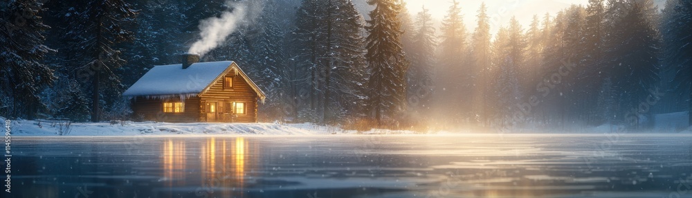 A cozy cabin surrounded by snow-covered trees, glowing warmly against a serene, icy lake at sunrise. A cozy cabin surrounded by snow-covered trees, glowing warmly against a serene, icy lake at sunrise.