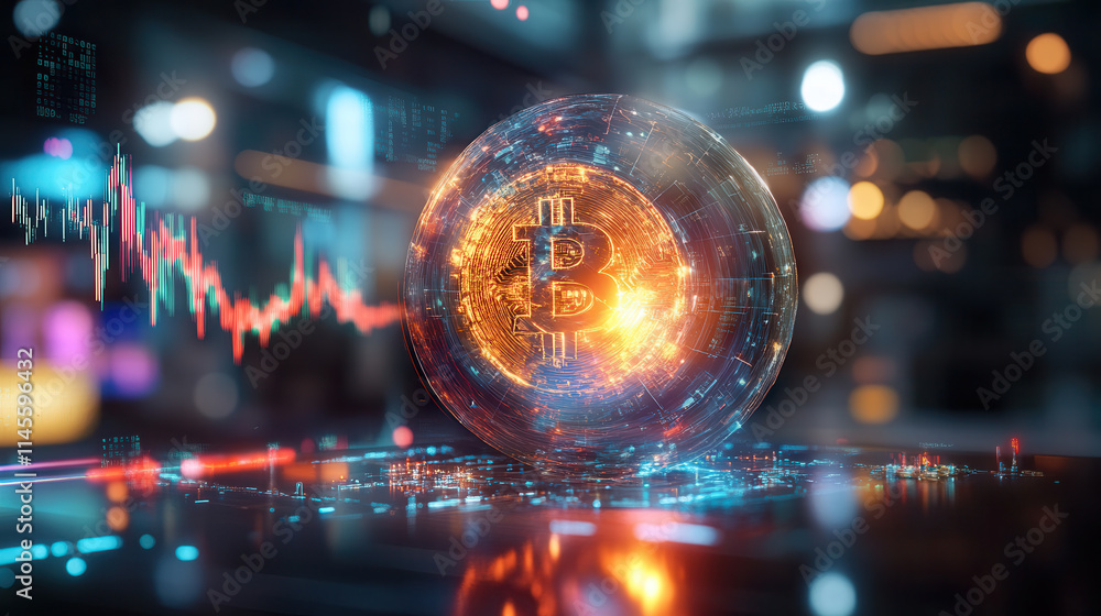 glowing Bitcoin symbol surrounded by digital elements and graphs, representing cryptocurrency trends and technology glowing Bitcoin symbol surrounded by digital elements and graphs, representing cryptocurrency trends and technology