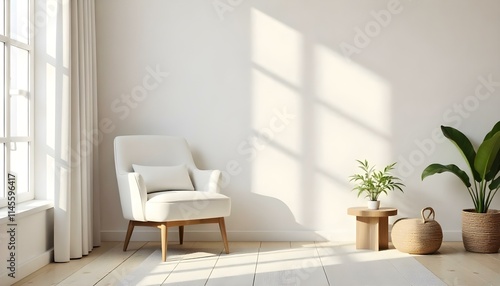 A minimalist living room with a white armchair, a wooden side table with a plant , and natural light streaming in through a window